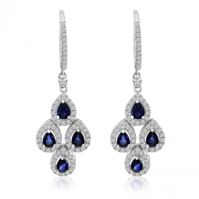 14K White Gold 5x3 Pear Shape Sapphire and Diamonds Precious Teardrops Earrings