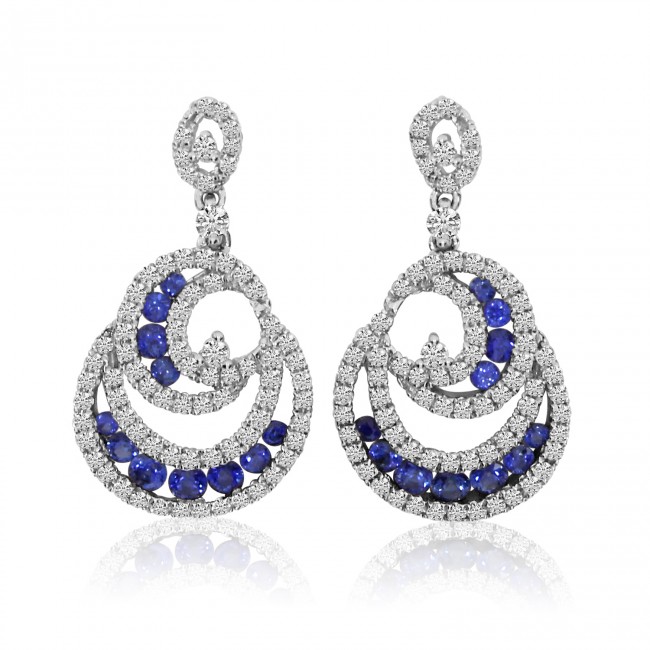 14K White Gold Precious Round Sapphire and Diamond Flowing Fashion Earrings