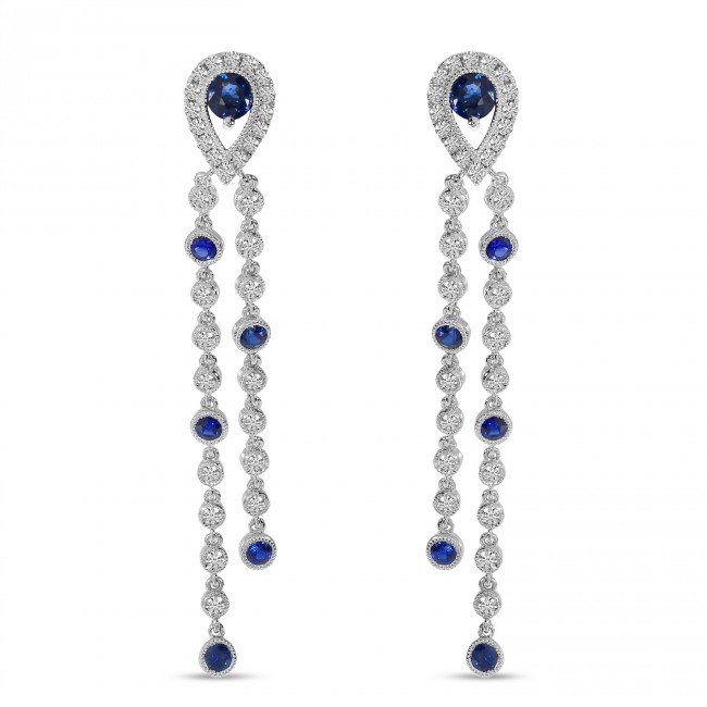 14K White Gold Diamond and Sapphire Long Pear dangle Earrings