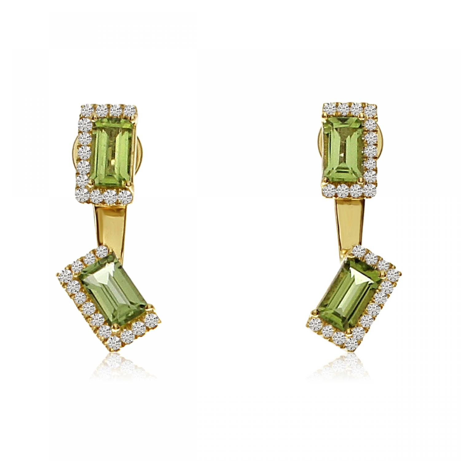 14K Yellow Gold Double Octagon Peridot and Diamond Semi Precious Fashion Earring