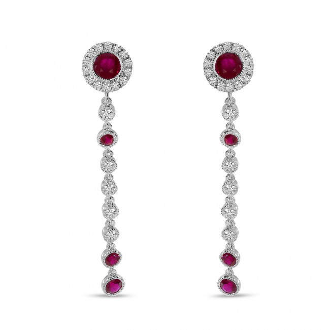 14K White Gold Ruby and Diamond Precious Filigree Long Dangle Earrings