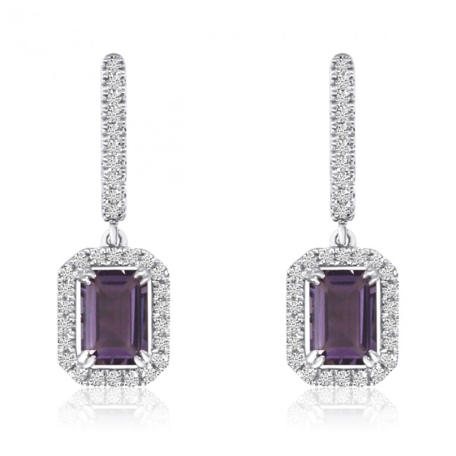 14K White Gold Octagon Amethyst and Diamond semi Precious Drop Earrings