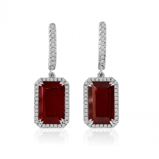 14K White Gold Large Octagon Garnet and Diamond Semi Precious Drop Earrings