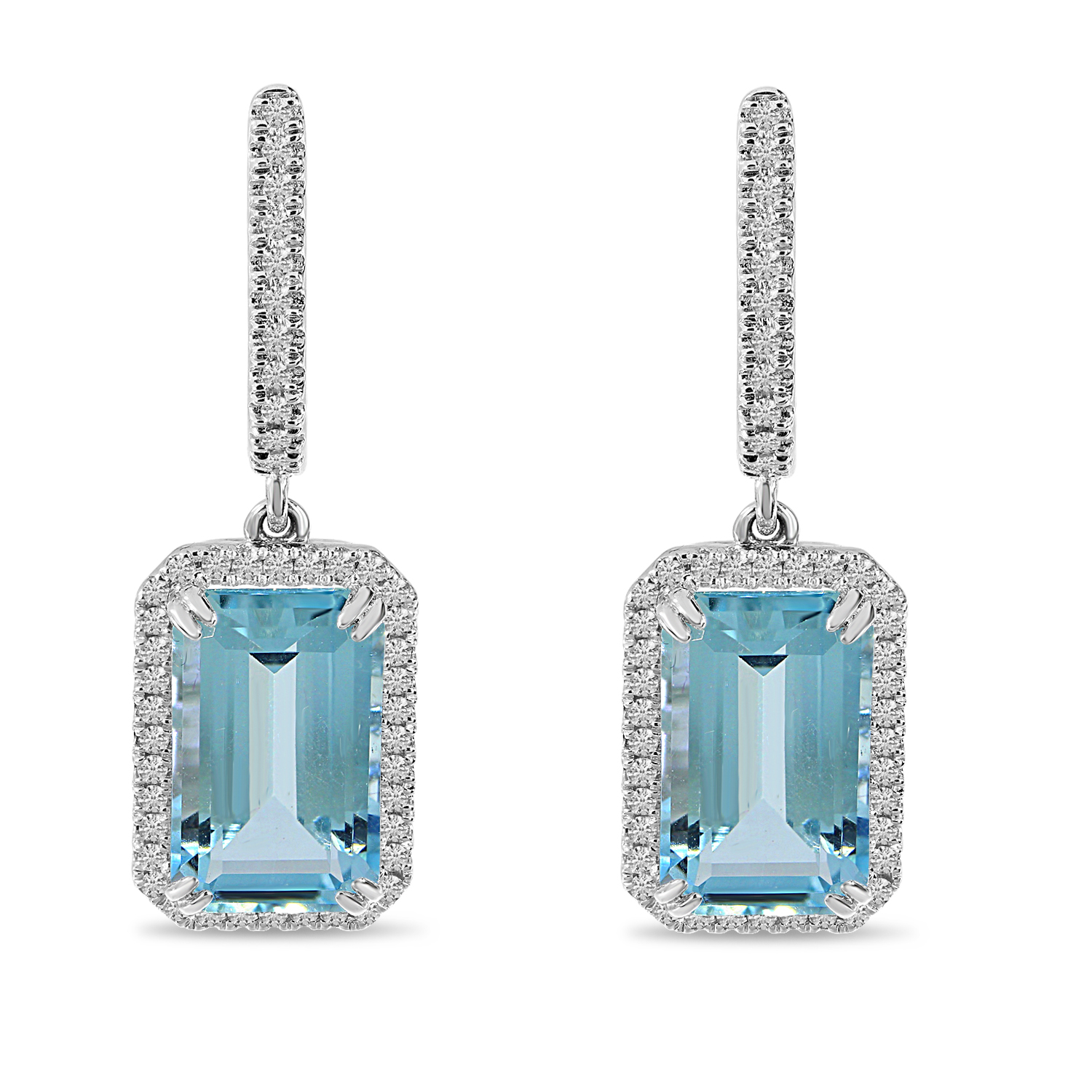 14K White Gold Large Octagon Blue Topaz and Diamond Semi Precious Drop Earrings