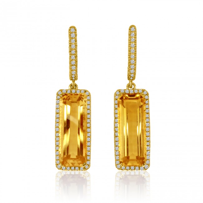 14k Yellow Gold 15x6 Long Octagon Citrine and Diamond Semi Precious Dangle Fashi