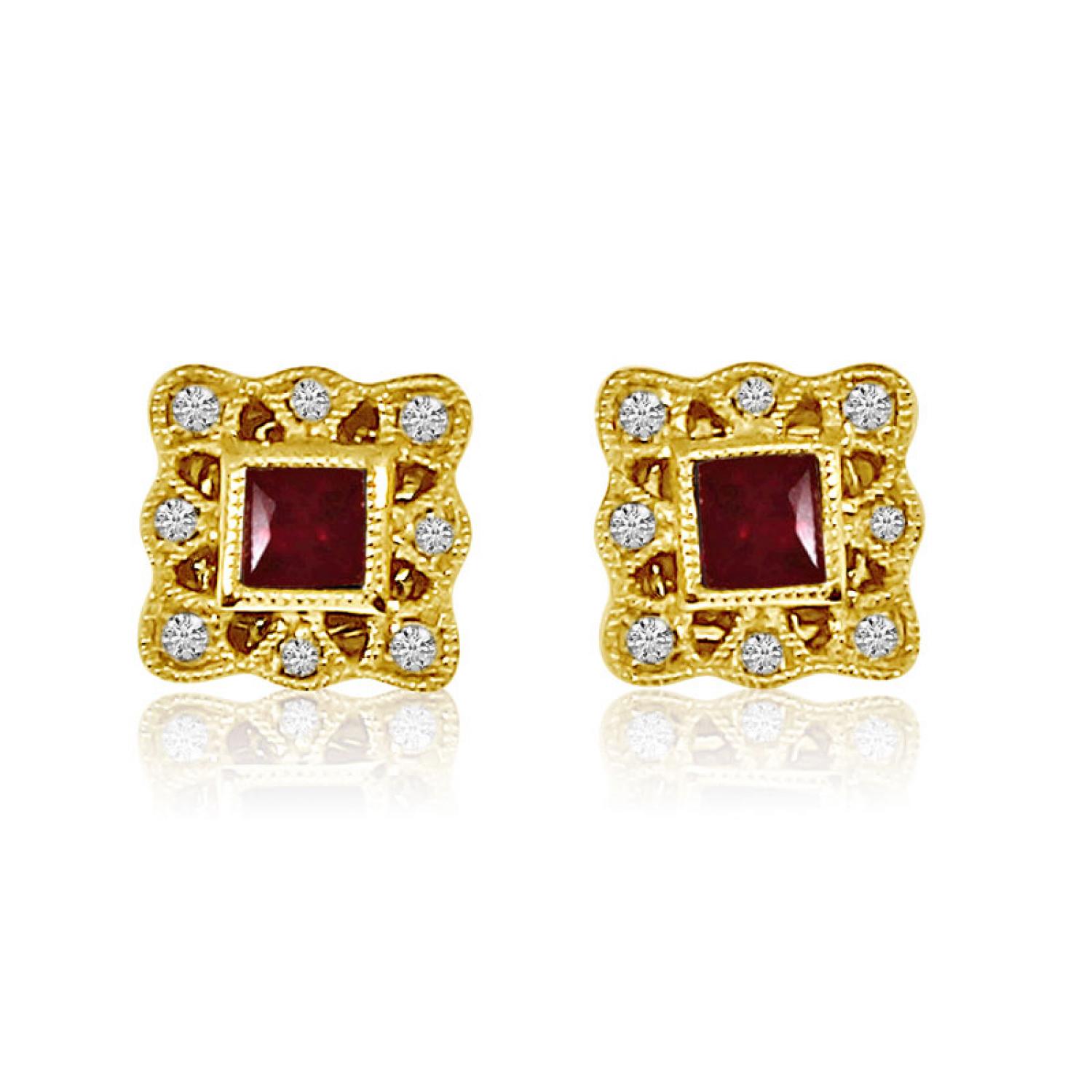 14K Yellow Gold Princess Ruby and Diamond Filigree Precious Earrings