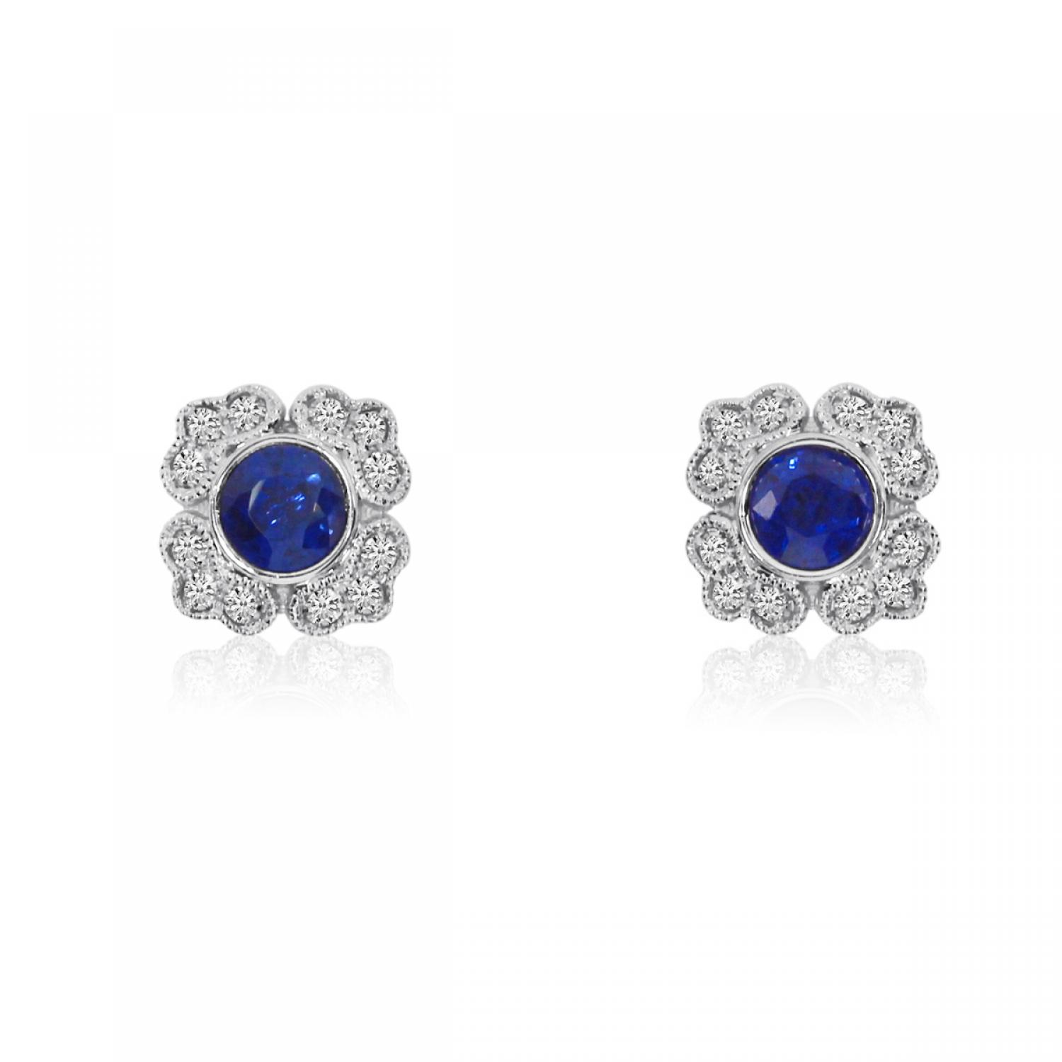 14K White Gold Round Sapphire and Diamond Filigree Precious Earrings