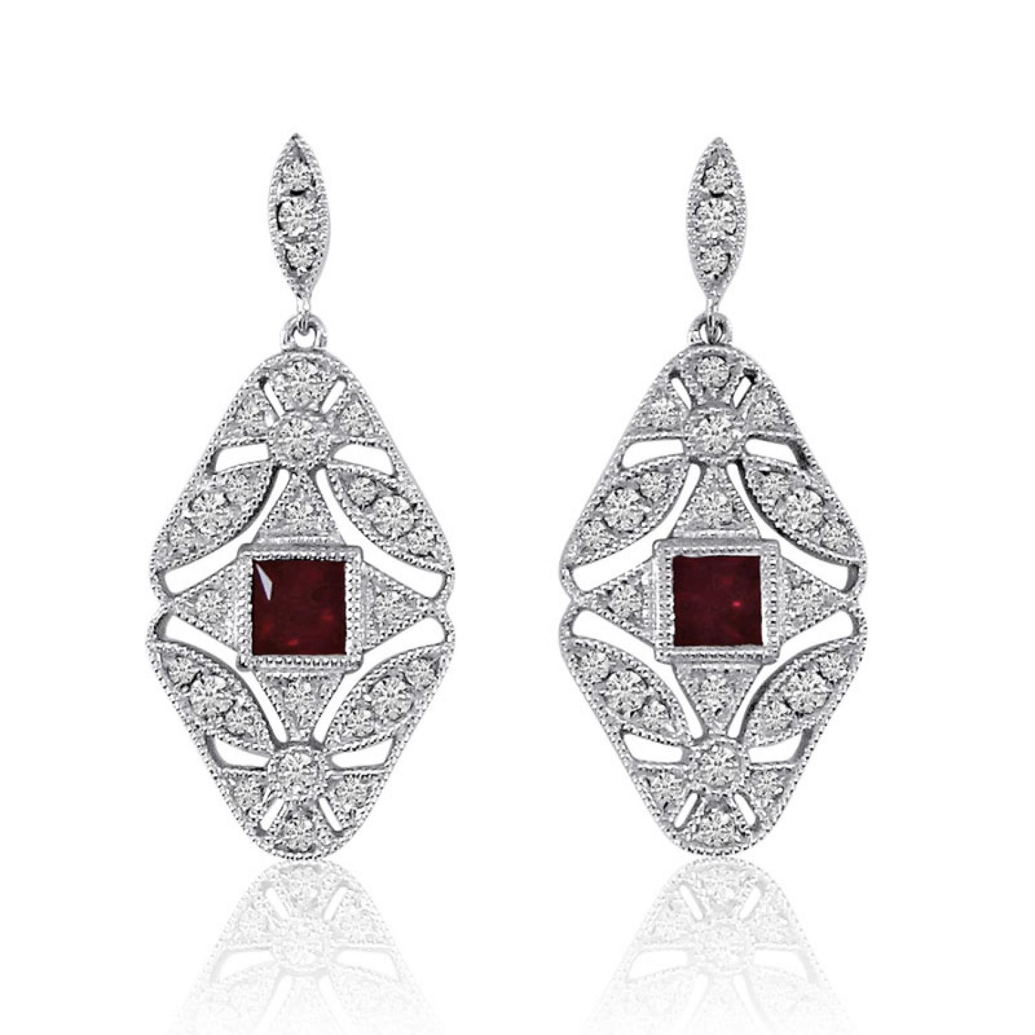 14K White Gold Princess Ruby and Diamond Filigree Precious Dangle Earrings