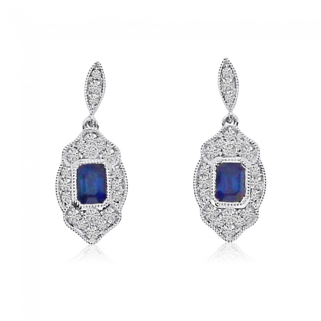 14K White Gold Emerald Cut Sapphire and Diamond Filigree Precious Earrings