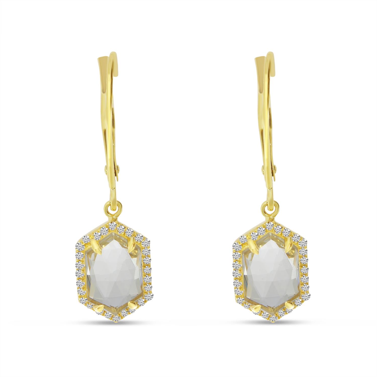 14K Yellow Gold White Topaz Hexagon Earrings