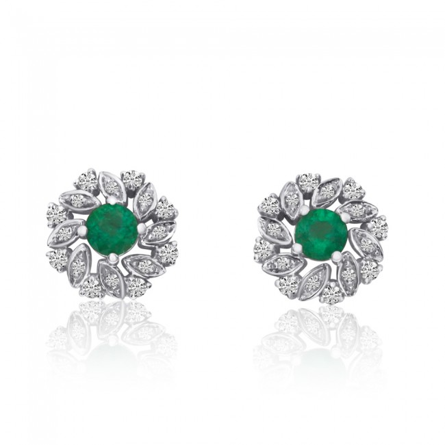 14K White Gold Round Emerald and Diamond Precious Floral Earrings