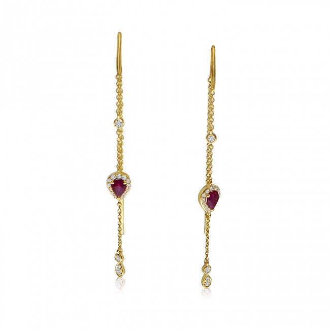 14K Yellow Gold Pear Ruby and Diamond Precious Chain Threader Earrings