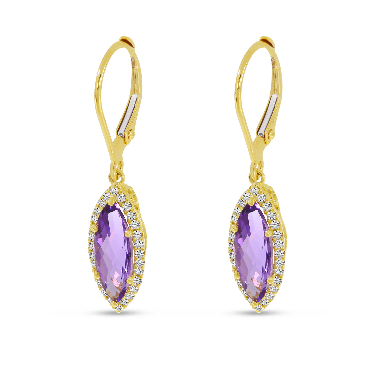 14K Yellow Gold Amethyst Marquis Diamond Halo Leverback Earrings