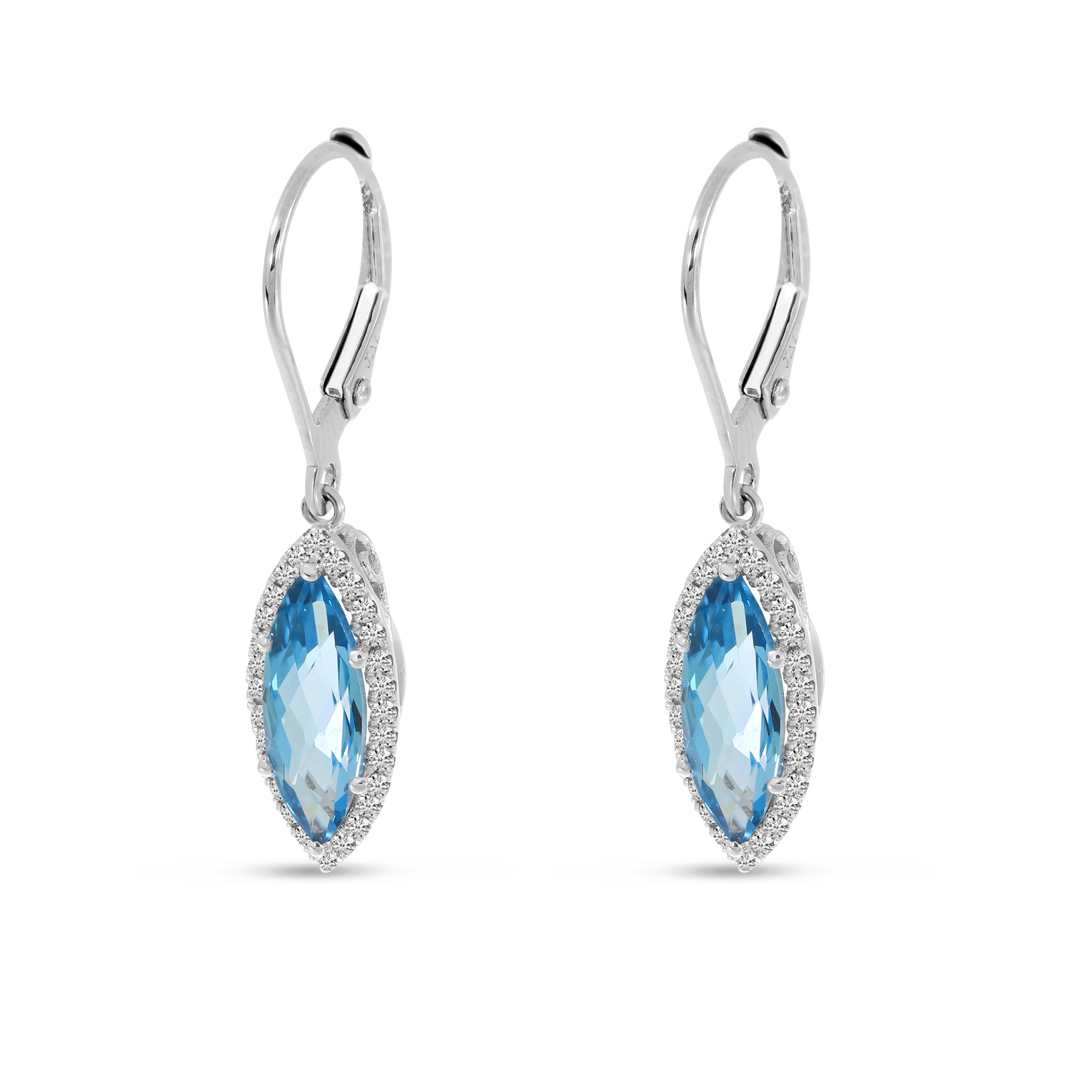 14K White Gold Blue Topaz Marquis Diamond Halo Leverback Earrings