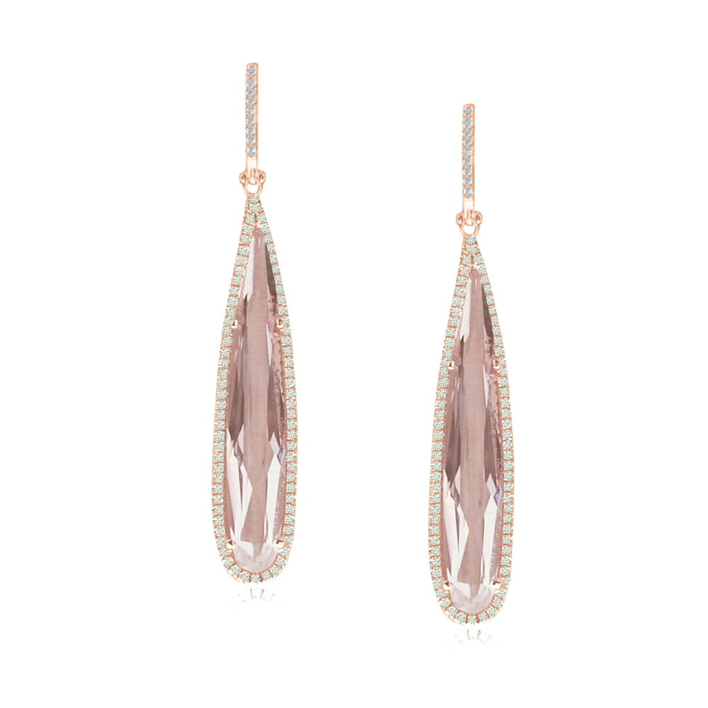 14K Rose Gold Elongated Pear White Topaz and Diamond Earrings