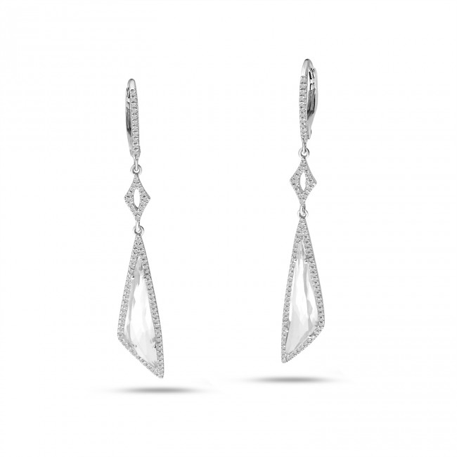 14K White Gold Fancy Long White Topaz and Diamond Dangle Semi Precious Earrings