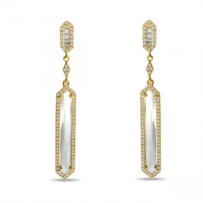 14k Yellow Gold Fancy White Topaz and Diamond Long Semi Precious Dangle earrings