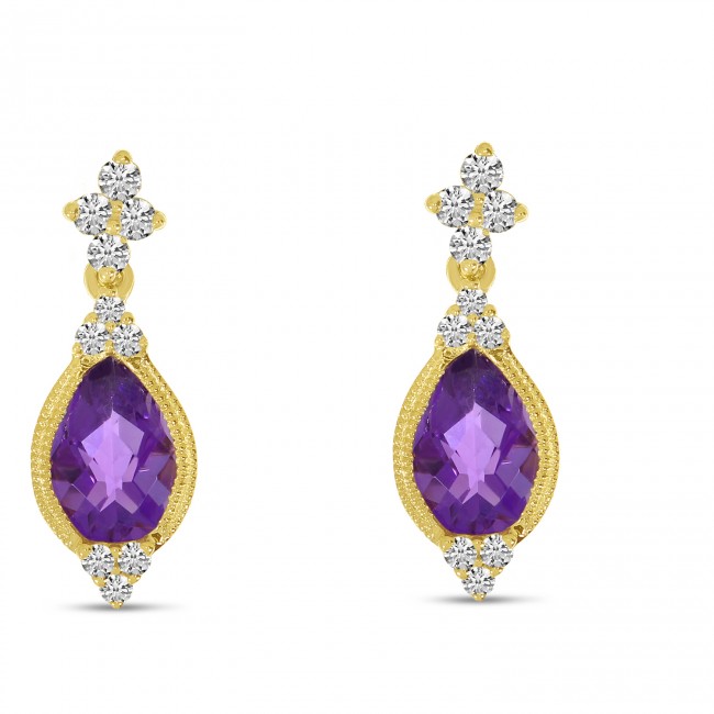 14K Yellow Gold Pear Amethyst and Diamond Semi Precious Earrings