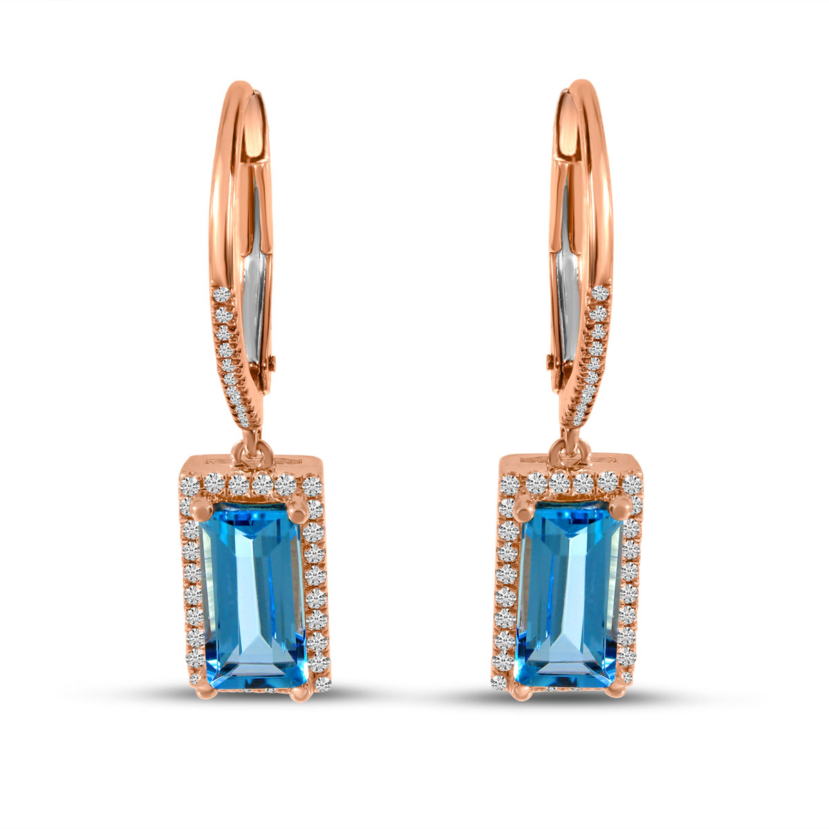 14K Rose Gold Emerald Cut Blue Topaz and Diamond Semi Precious Earrings