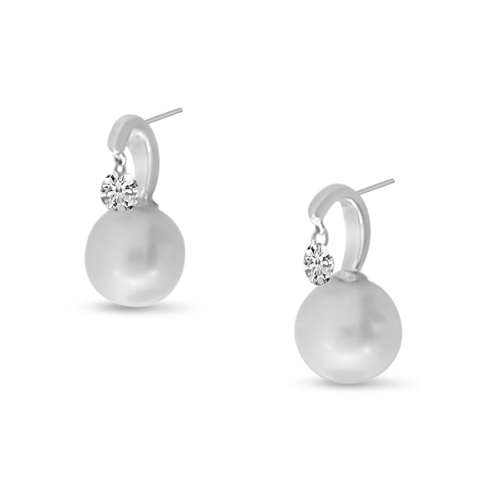 14K White Gold Dashing Diamond Pearl Earrings