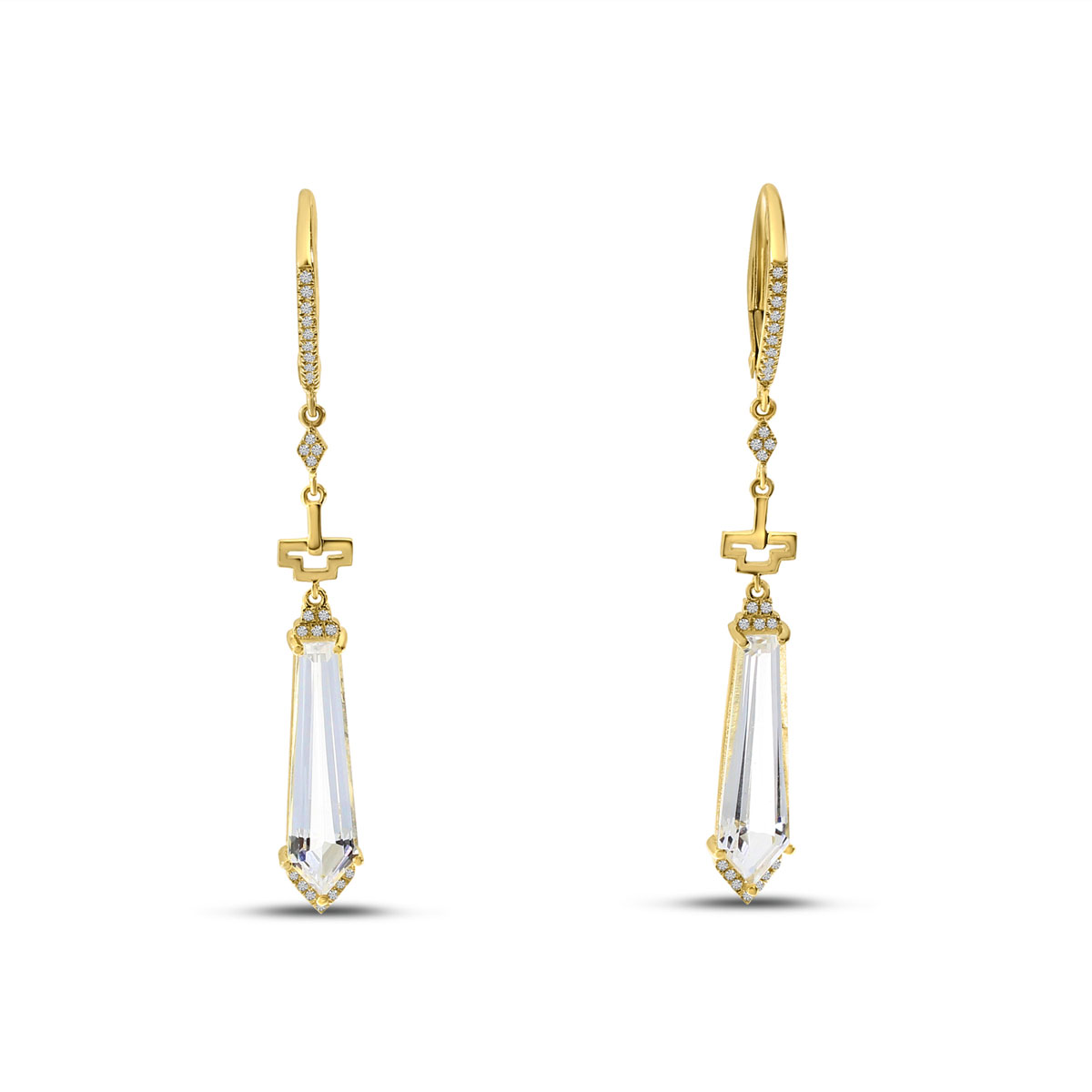 14K Yellow Gold Long Fancy Cut White Topaz Earrings