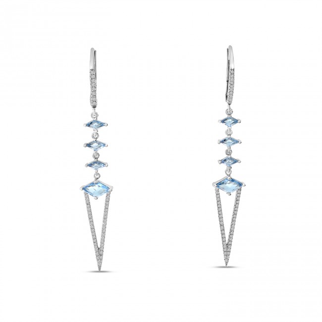 14K White Gold Assorted Blue Topaz and Diamond Long Dangle Earrings