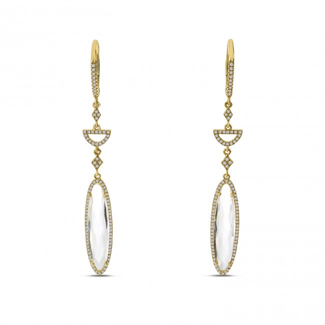 14K Yellow Gold Fancy Oval White Topaz and Diamond Long Dangle Earrings