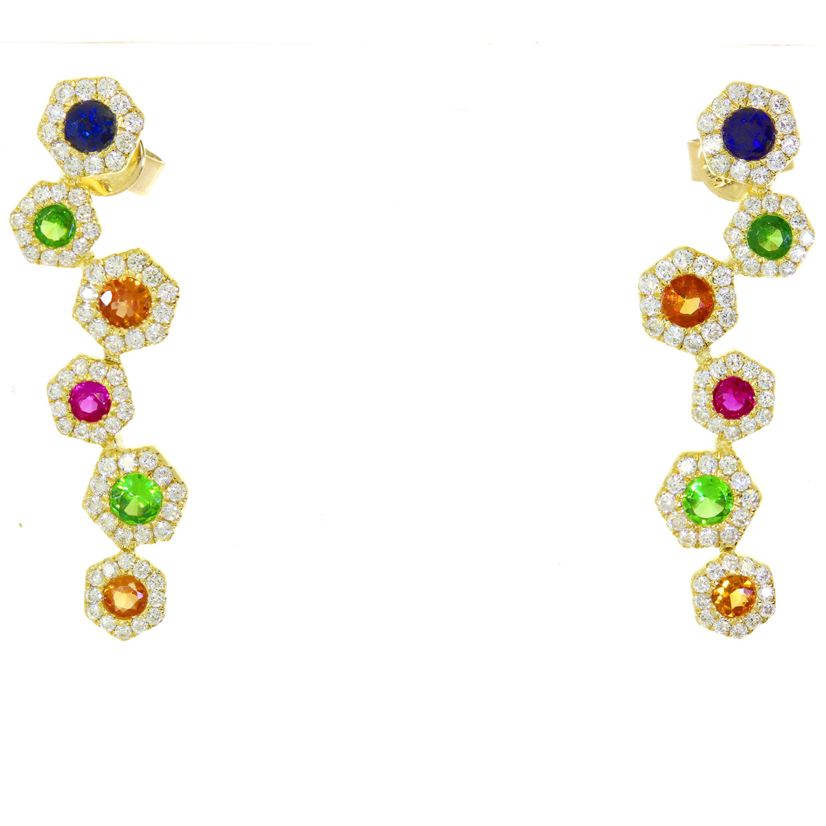 14K Yellow Gold Hexagon Zigzag Rainbow Sapphire and Diamond Earrings