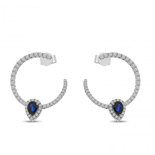 14K White Gold Pear Sapphire and Diamond Front Hoop Precious Earrings