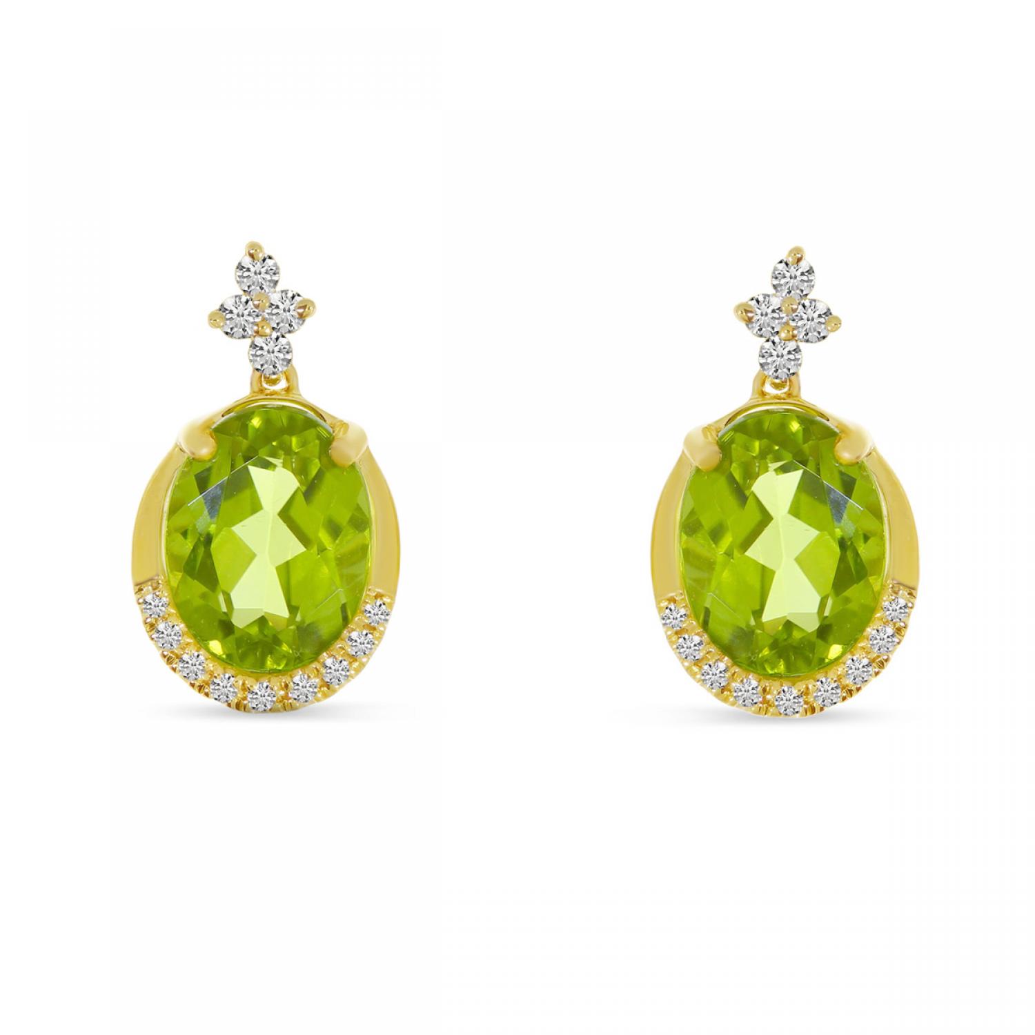 14K Yellow Gold Oval Peridot and Diamond Semi Precious Earrings