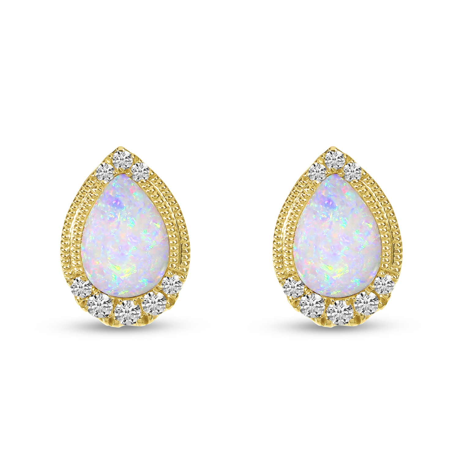 14K Yellow Gold Pear Cut Opal and Diamond Earrings