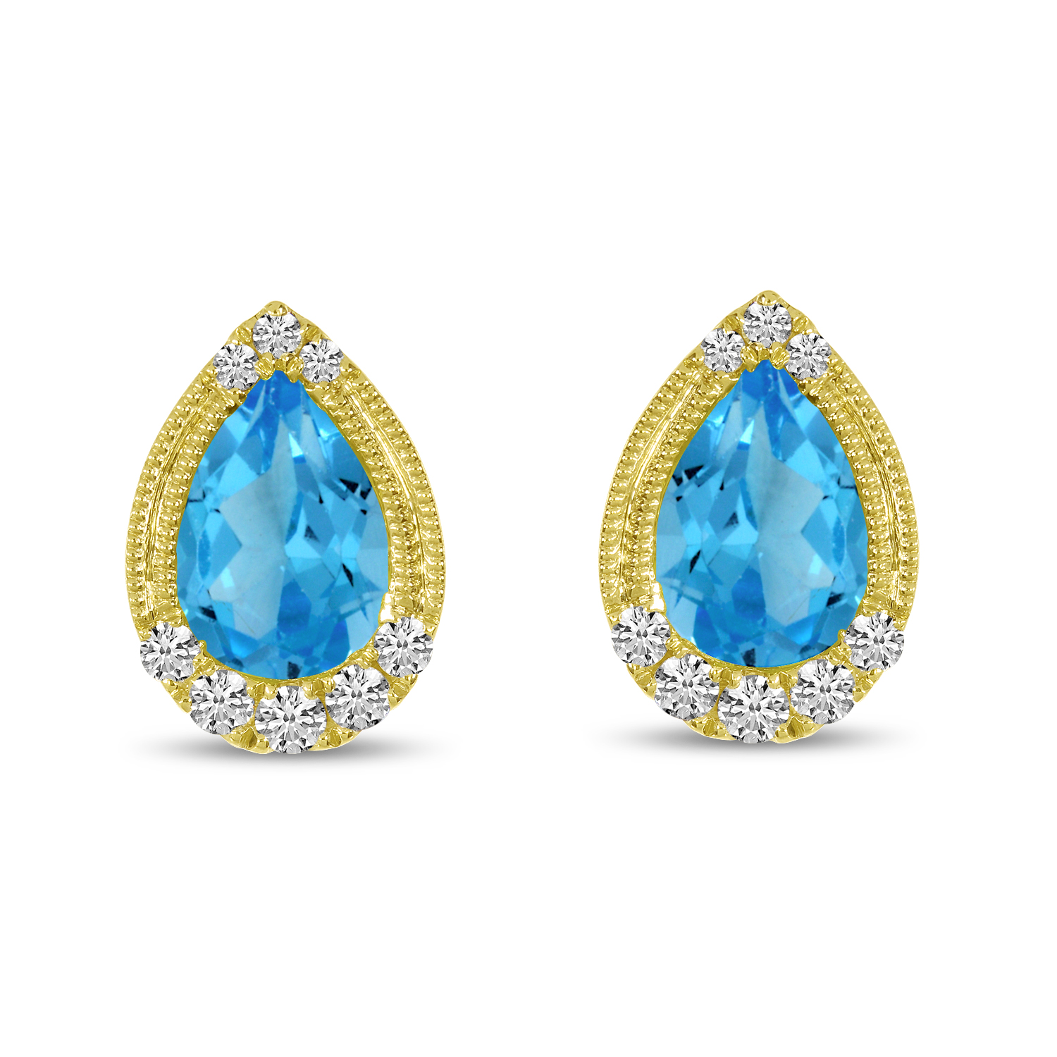 14K Yellow Gold Pear Blue Topaz and Diamond Earrings