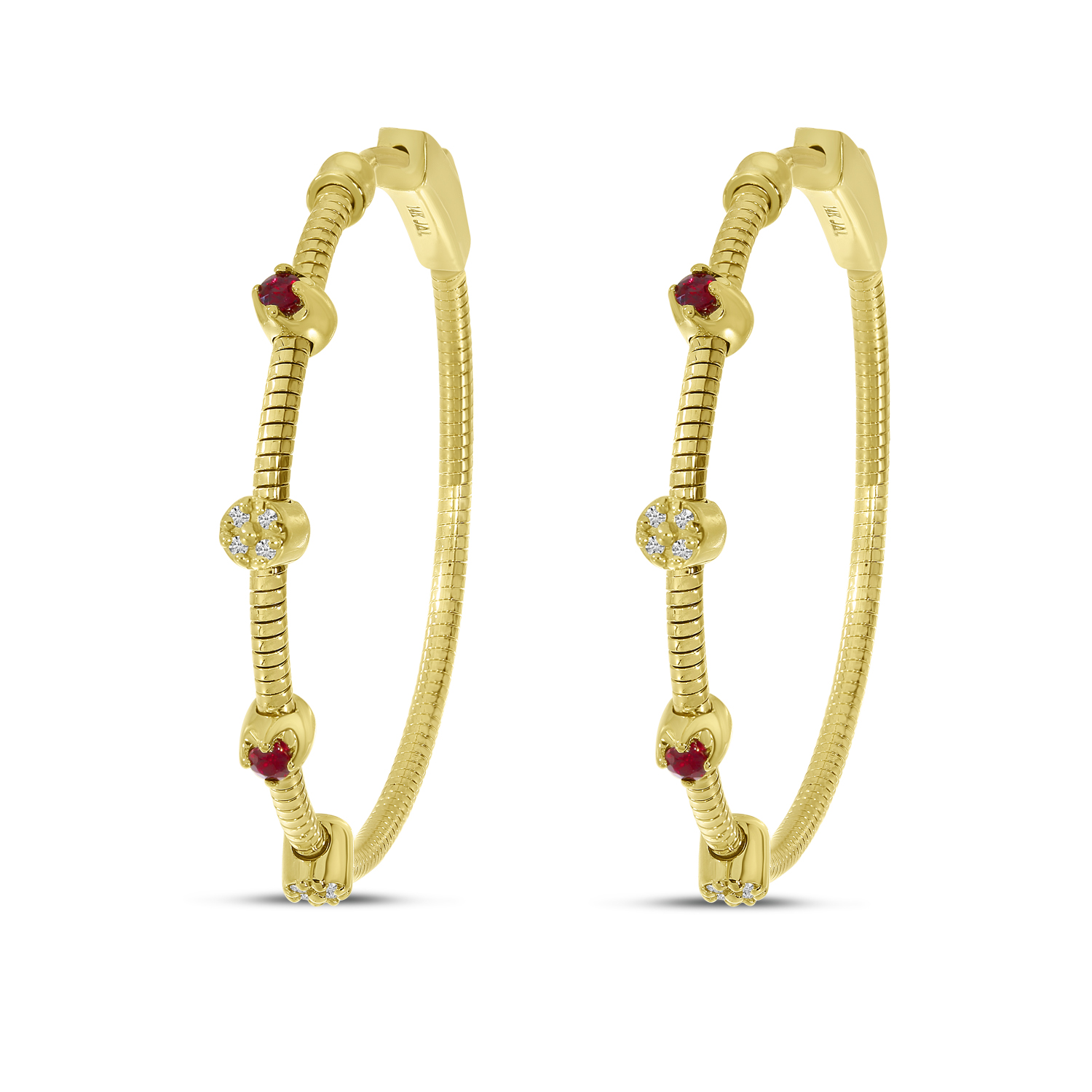 14K Yellow Gold Ruby and Diamond Flexible Hoops