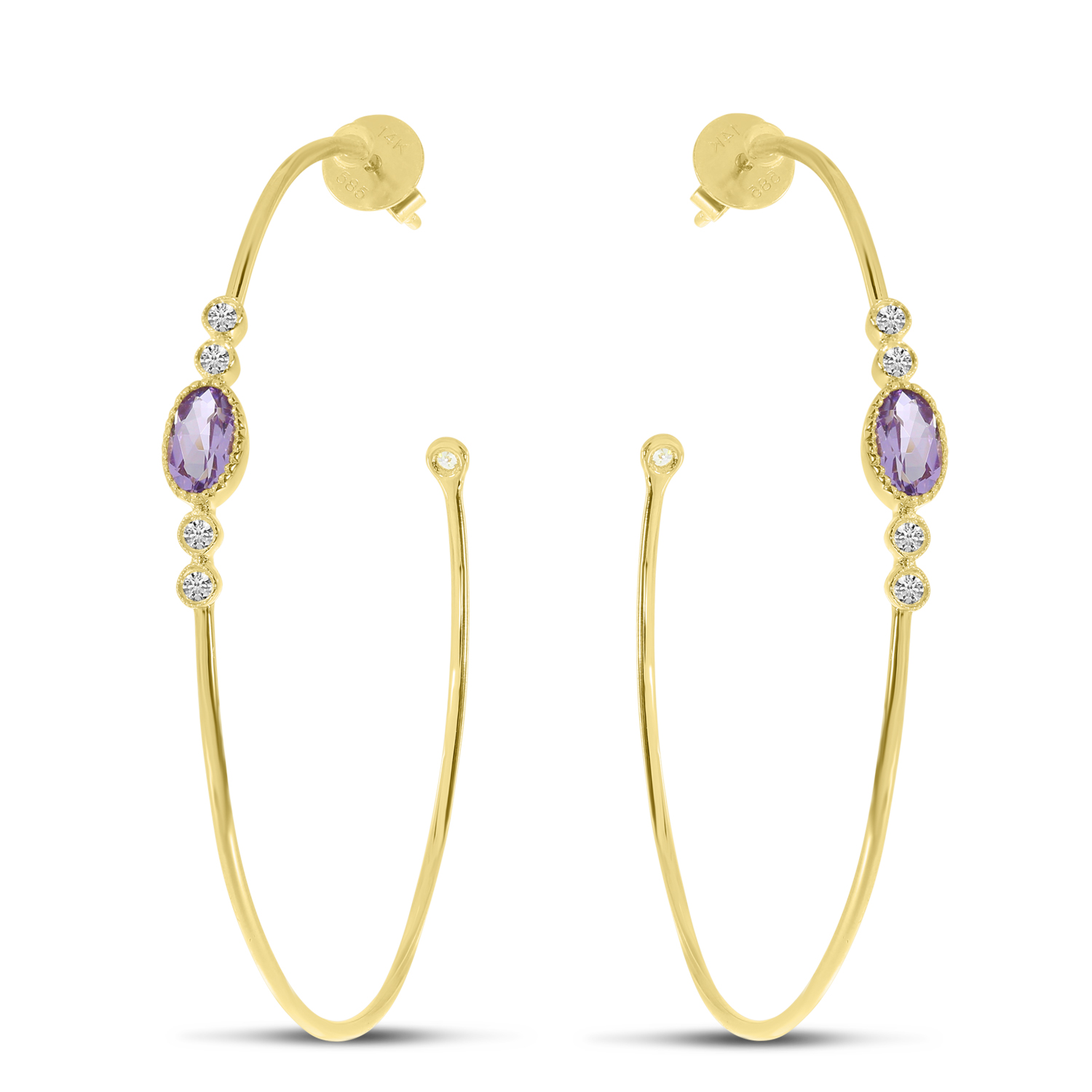 14K Yellow Gold Oval Amethyst Large Wire Hoop Earrings