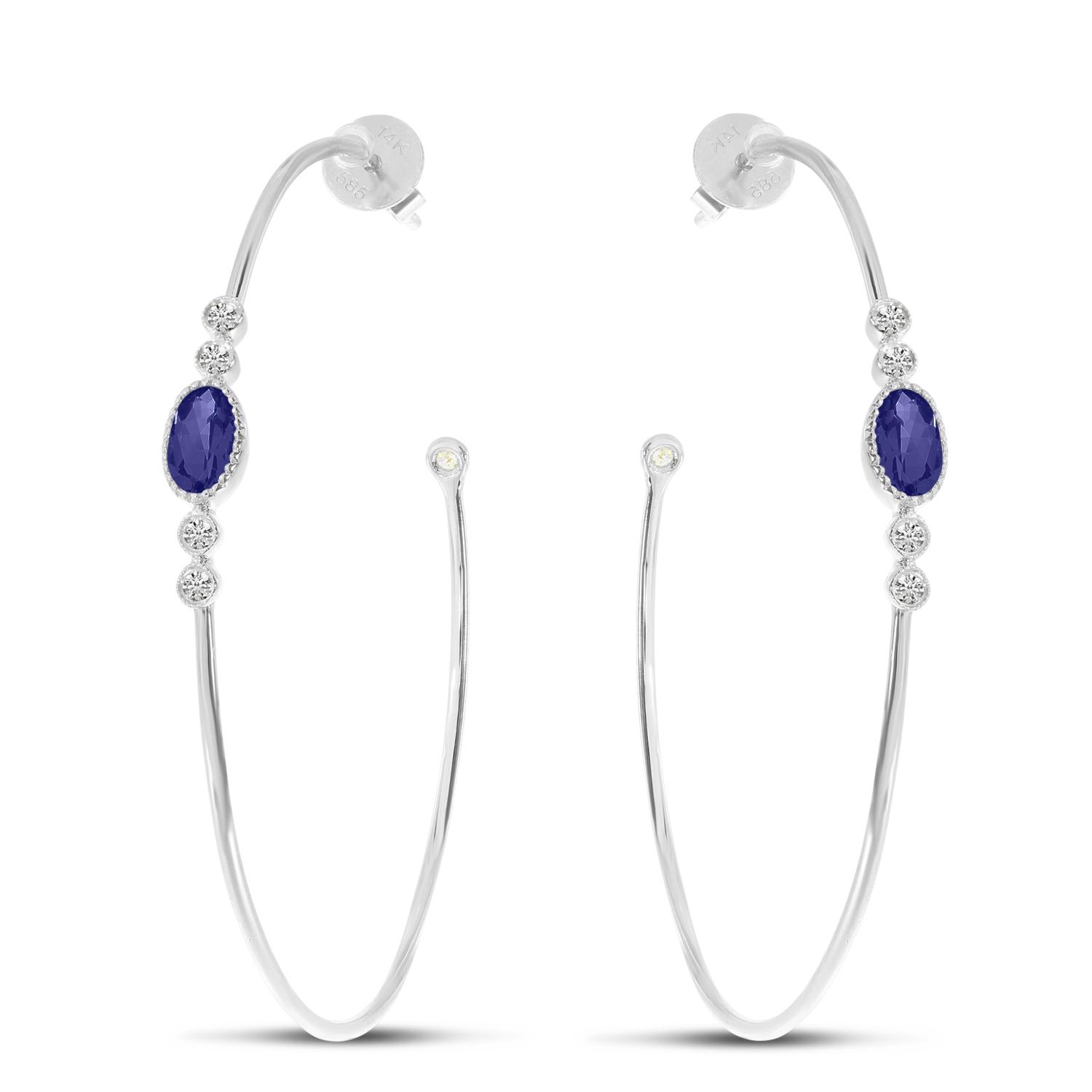 14K White Gold Oval Sapphire and Diamond Wire Hoop Post Earrings