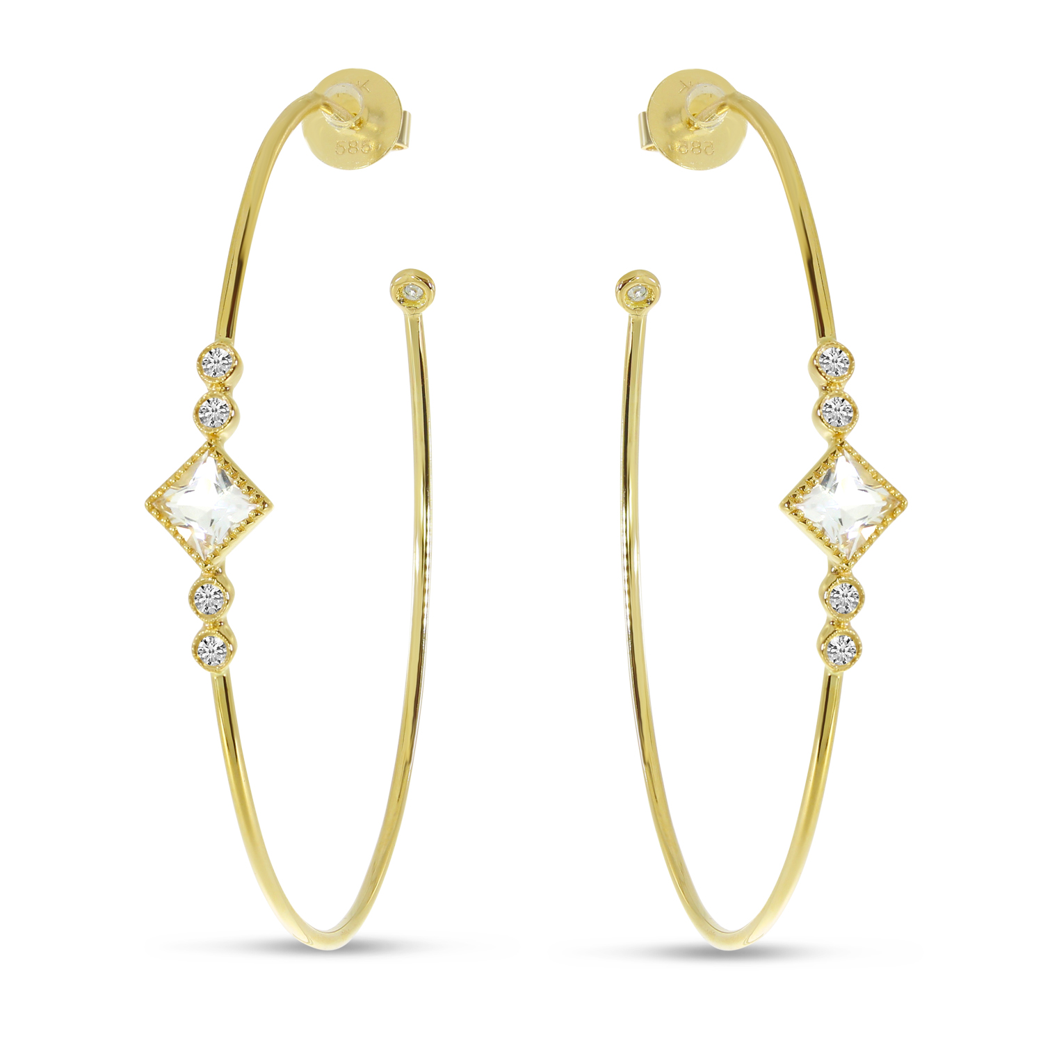 14K Yellow Gold Princess White Topaz Large Wire Hoop Earrings