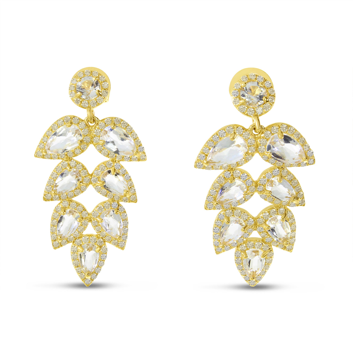 14K Yellow Gold White Topaz and Diamond Pear Tree Post Earrings