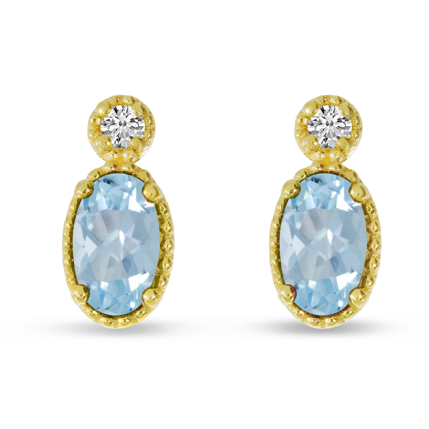 14K Yellow Gold Oval Aquamarine Millgrain Birthstone Earrings