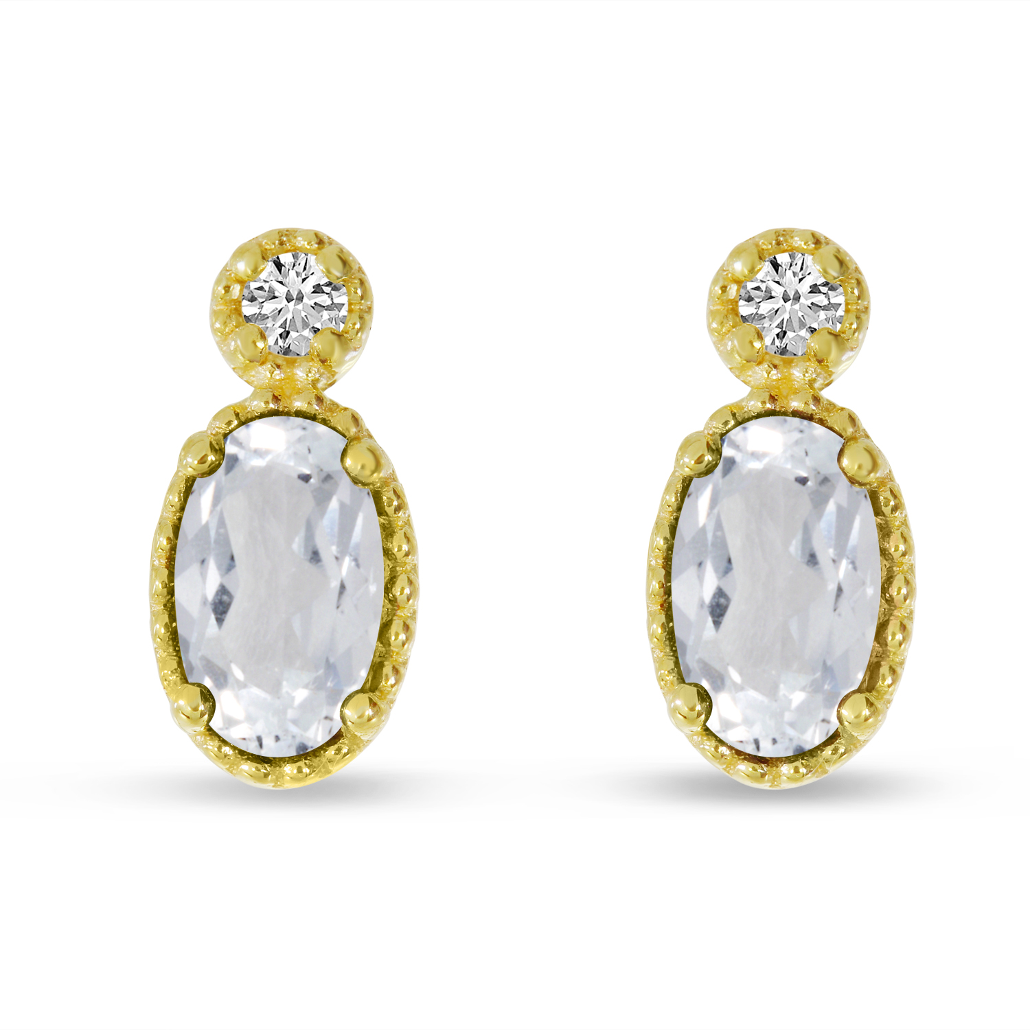 14K Yellow Gold Oval White Topaz Millgrain Birthstone Earrings