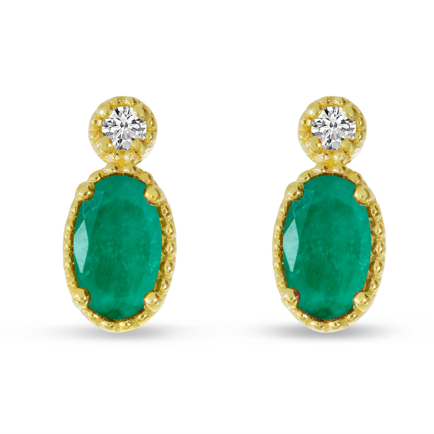 14K Yellow Gold Oval Emerald Millgrain Birthstone Earrings