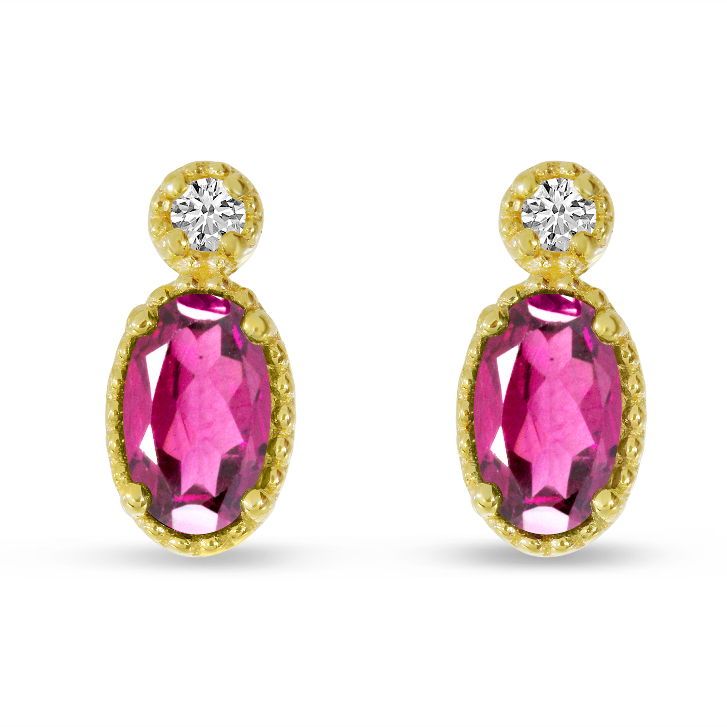 14K Yellow Gold Oval Pink Tourmaline Millgrain Birthstone Earrings