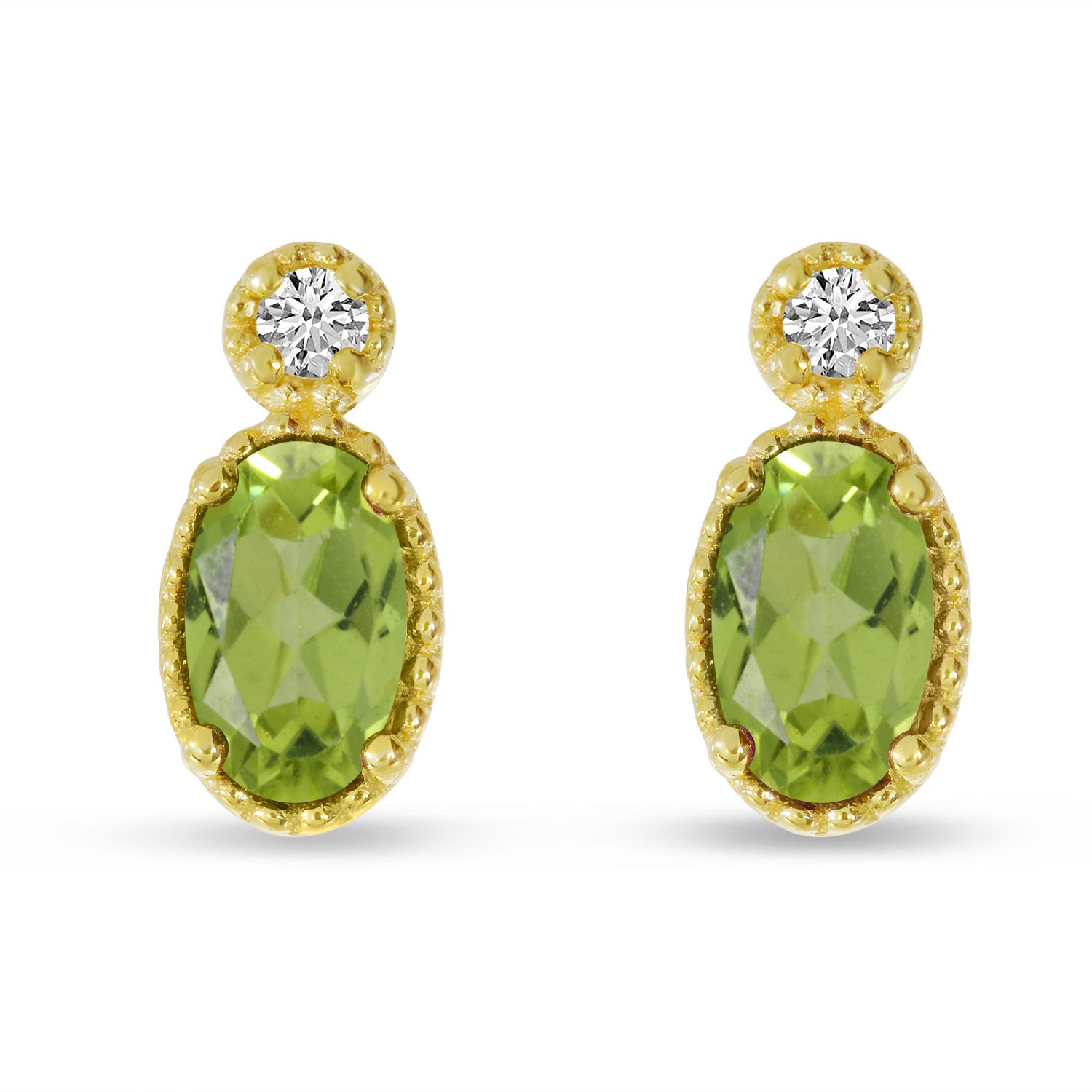 14K Yellow Gold Oval Peridot Millgrain Birthstone Earrings