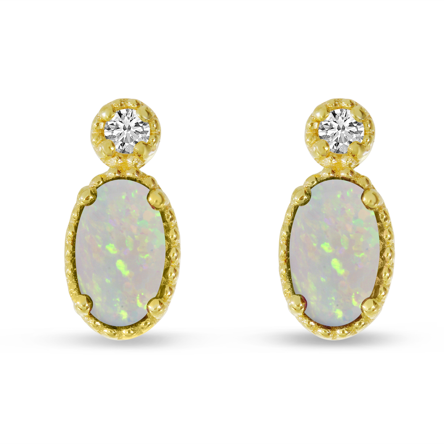 14K Yellow Gold Oval Opal Millgrain Birthstone Earrings