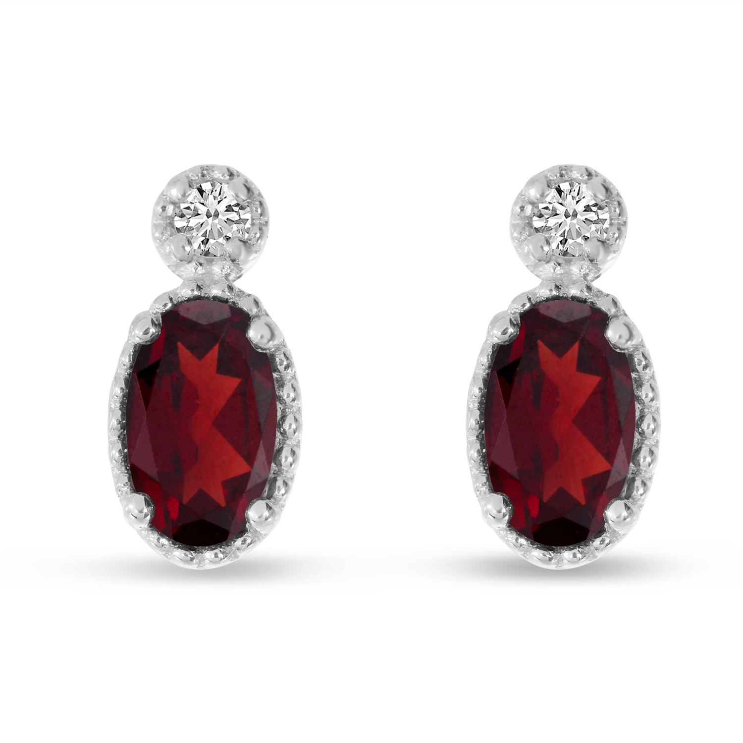 14K White Gold Oval Garnet Millgrain Birthstone Earrings