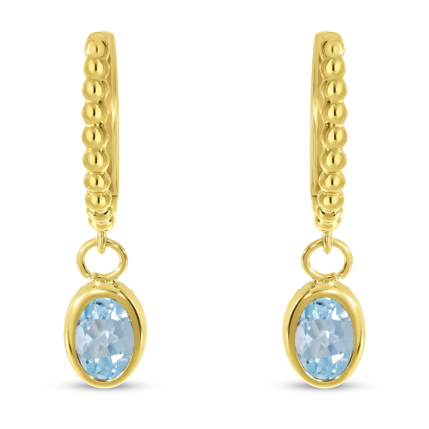 14K Yellow Gold Oval Aquamarine Dangle Birthstone Textured Huggie Earrings