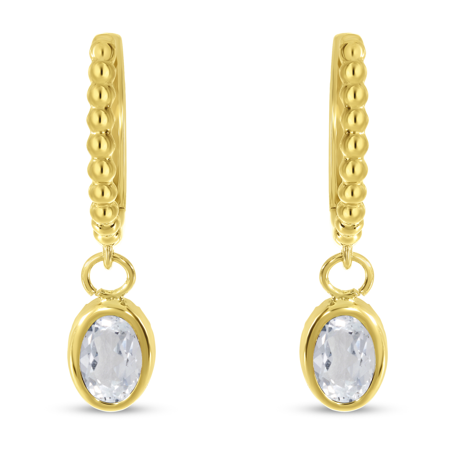 14K Yellow Gold Oval White Topaz Dangle Birthstone Textured Huggie Earrings