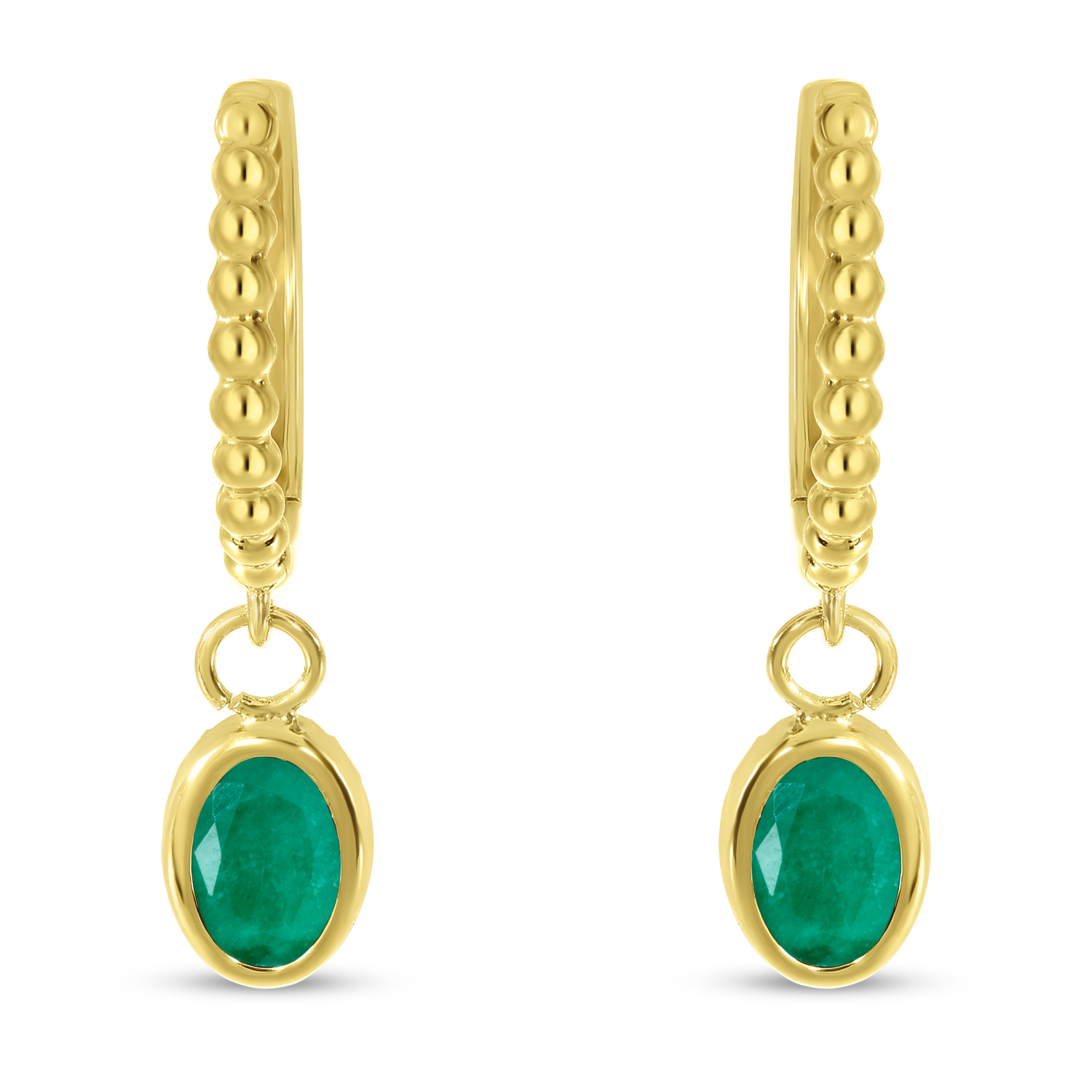14K Yellow Gold Oval Emerald Dangle Birthstone Textured Huggie Earrings