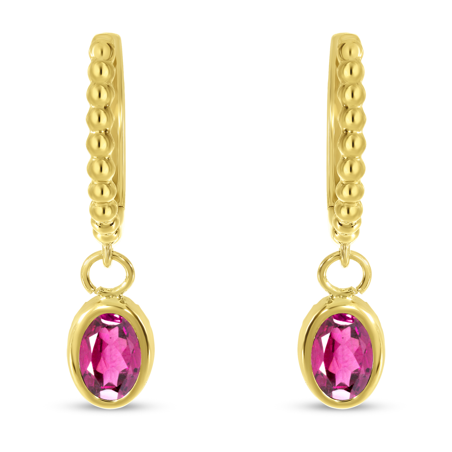 14K Yellow Gold Oval Pink Tourmaline Dangle Birthstone Textured Huggie Earrings