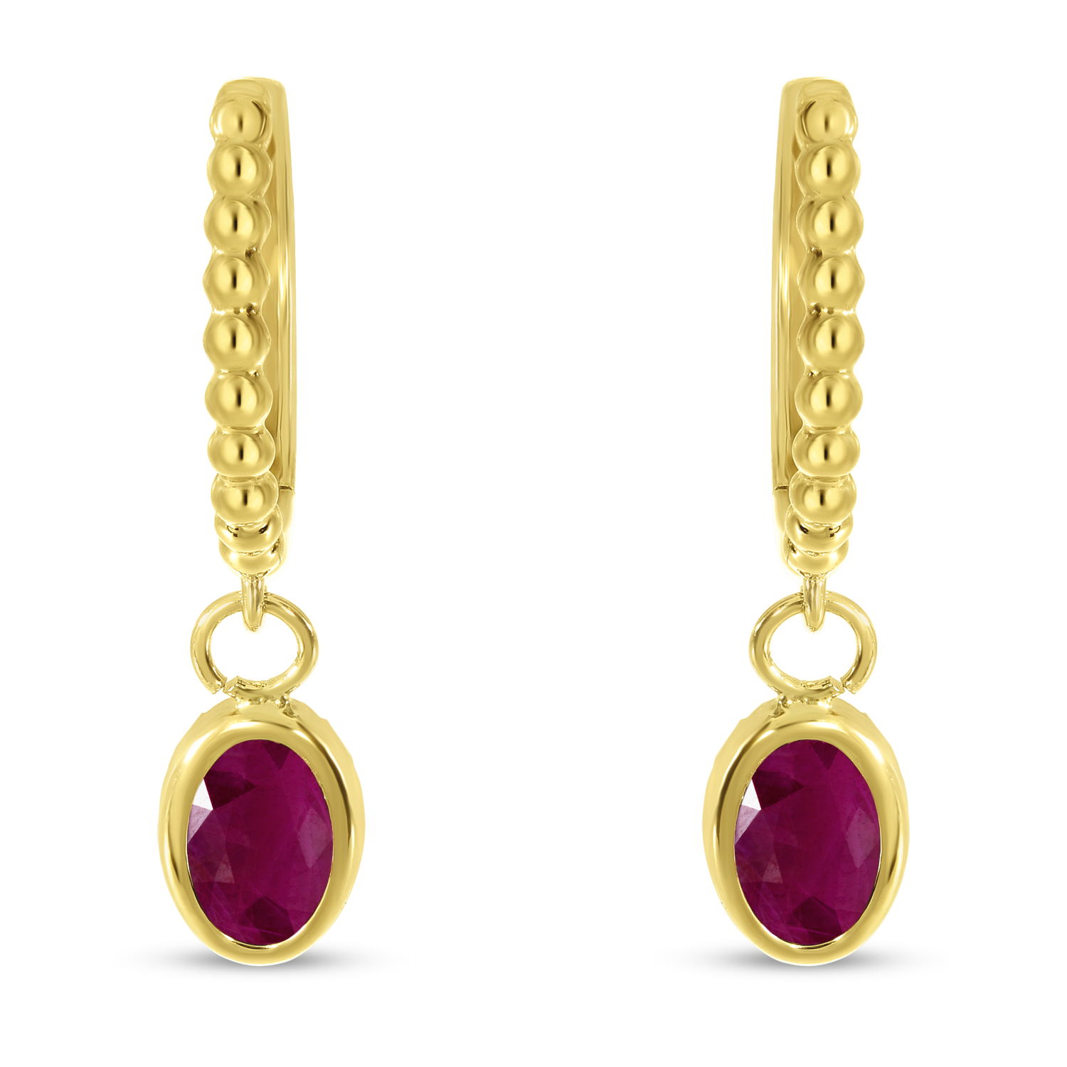 14K Yellow Gold Oval Ruby Dangle Birthstone Textured Huggie Earrings
