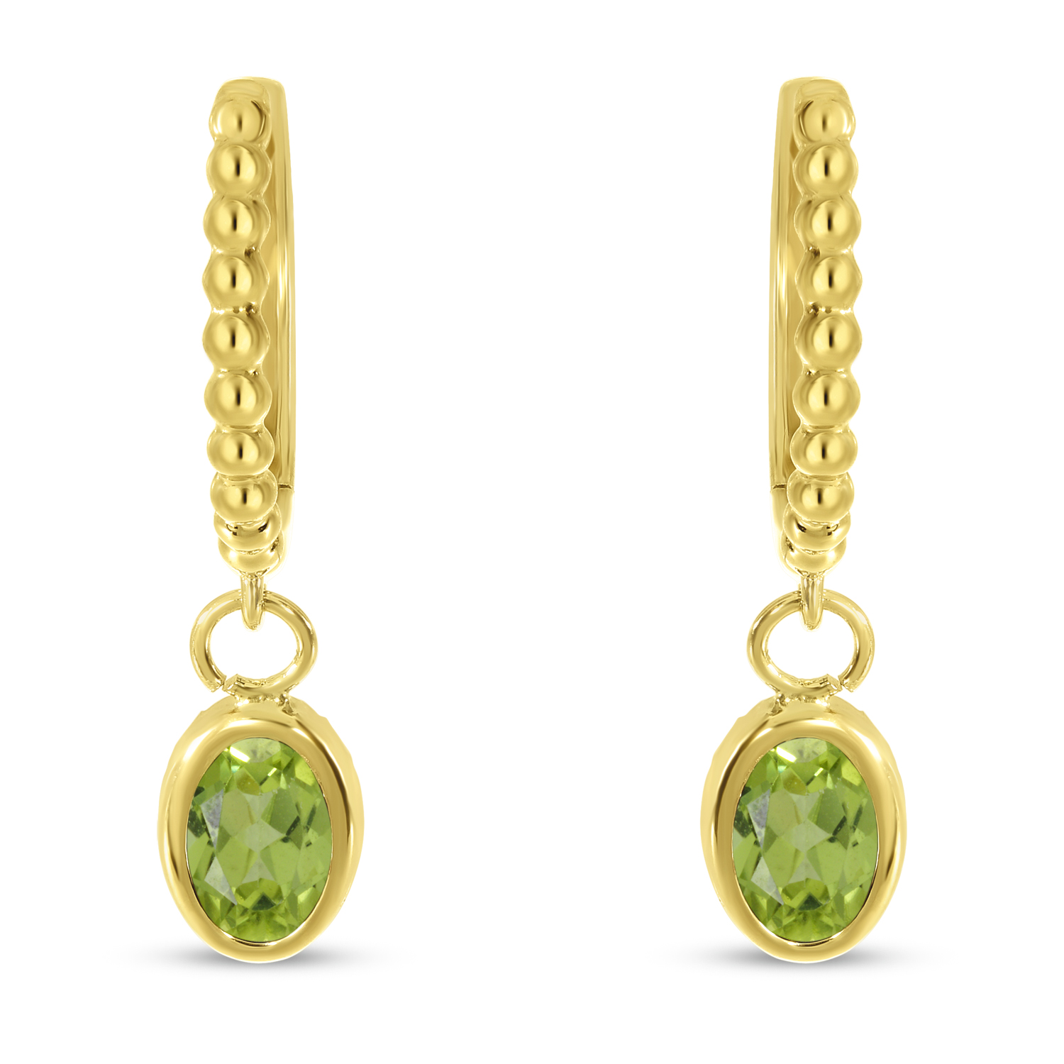 14K Yellow Gold Oval Peridot Dangle Birthstone Textured Huggie Earrings